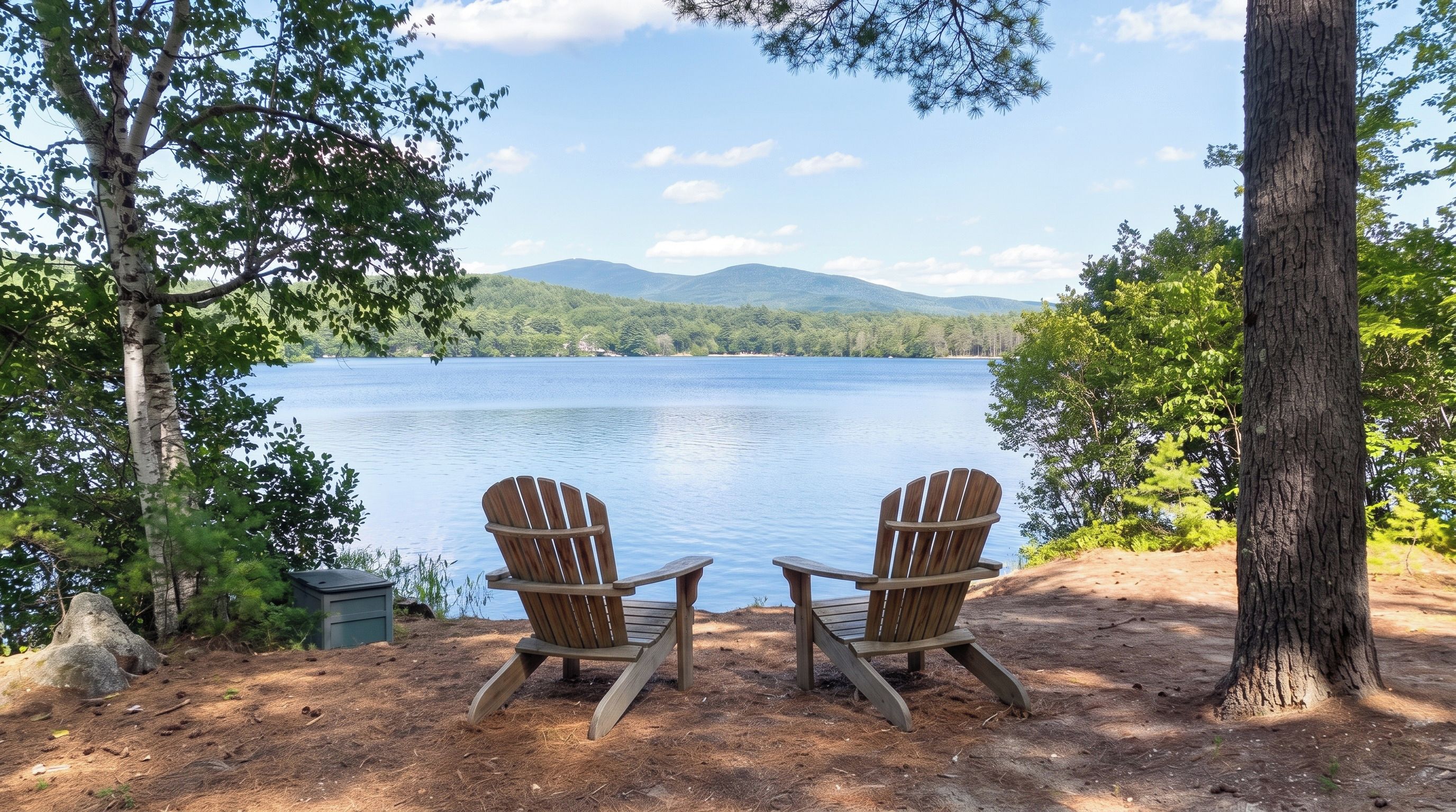Two Adirondack chairs facing a lake with mountains in the background.