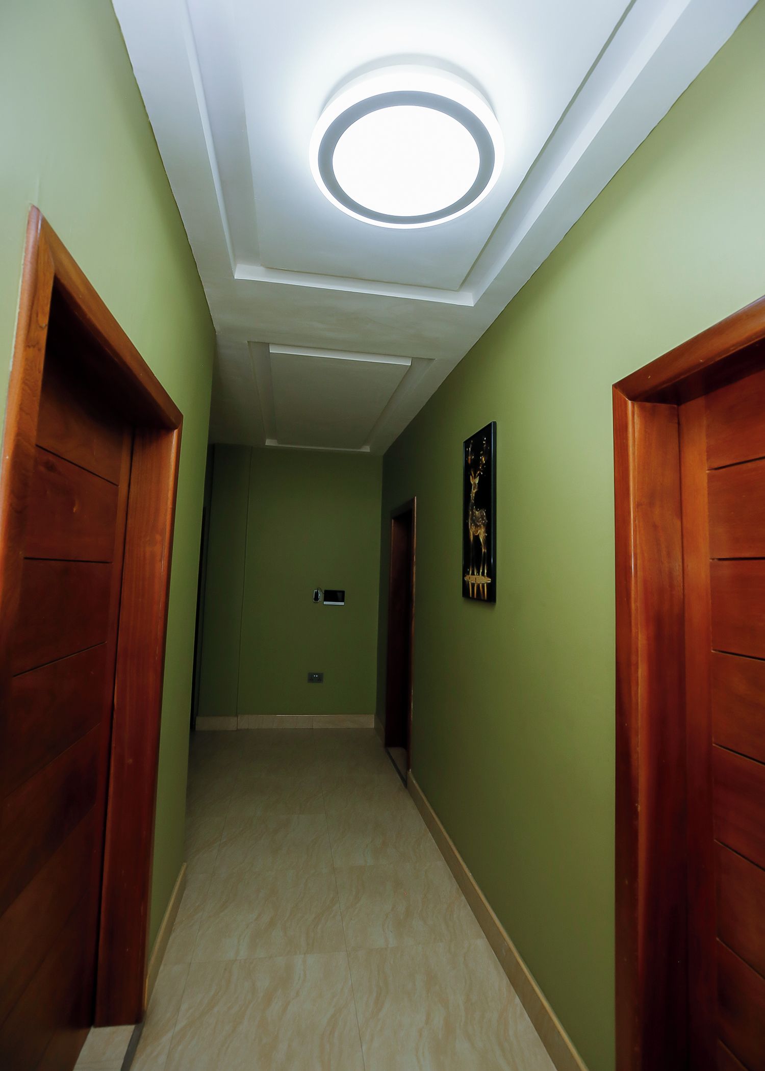 Een gang met een plafondlamp, groene wanden en houten deuren.