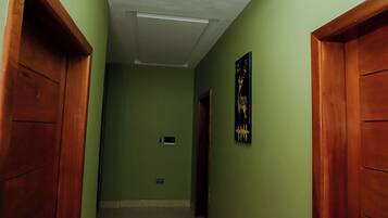 Een gang met een plafondlamp, groene wanden en houten deuren.