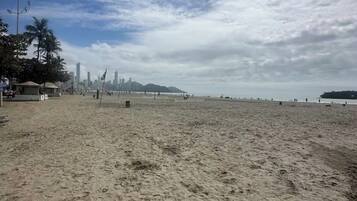 A wide sandy beach with a city skyline in the background.