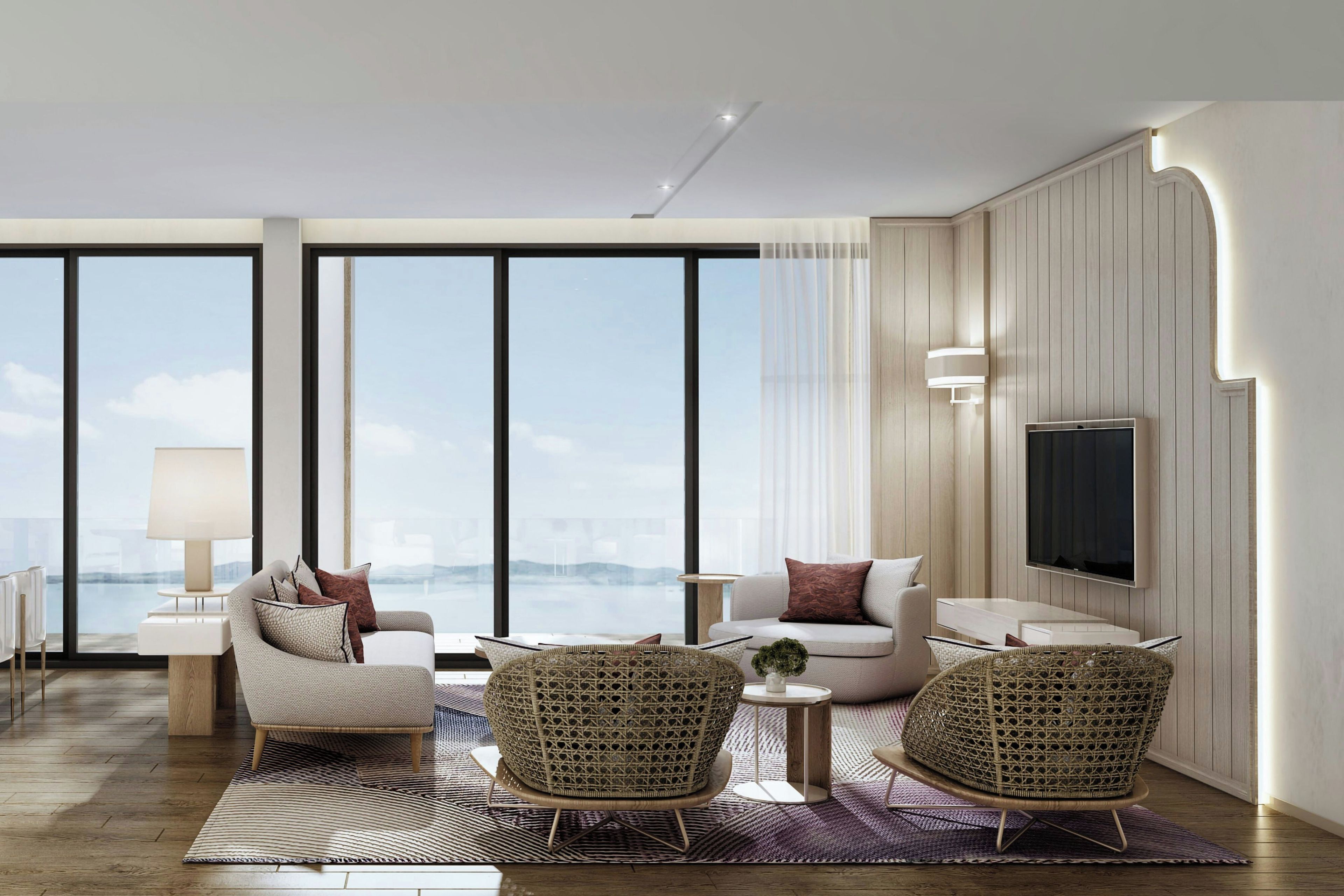 A modern living room with a large window, a flat-screen TV, and a view of the city.