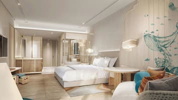 Een moderne slaapkamer met een groot bed, nachtkastjes, een ronde salontafel en een muurschildering.