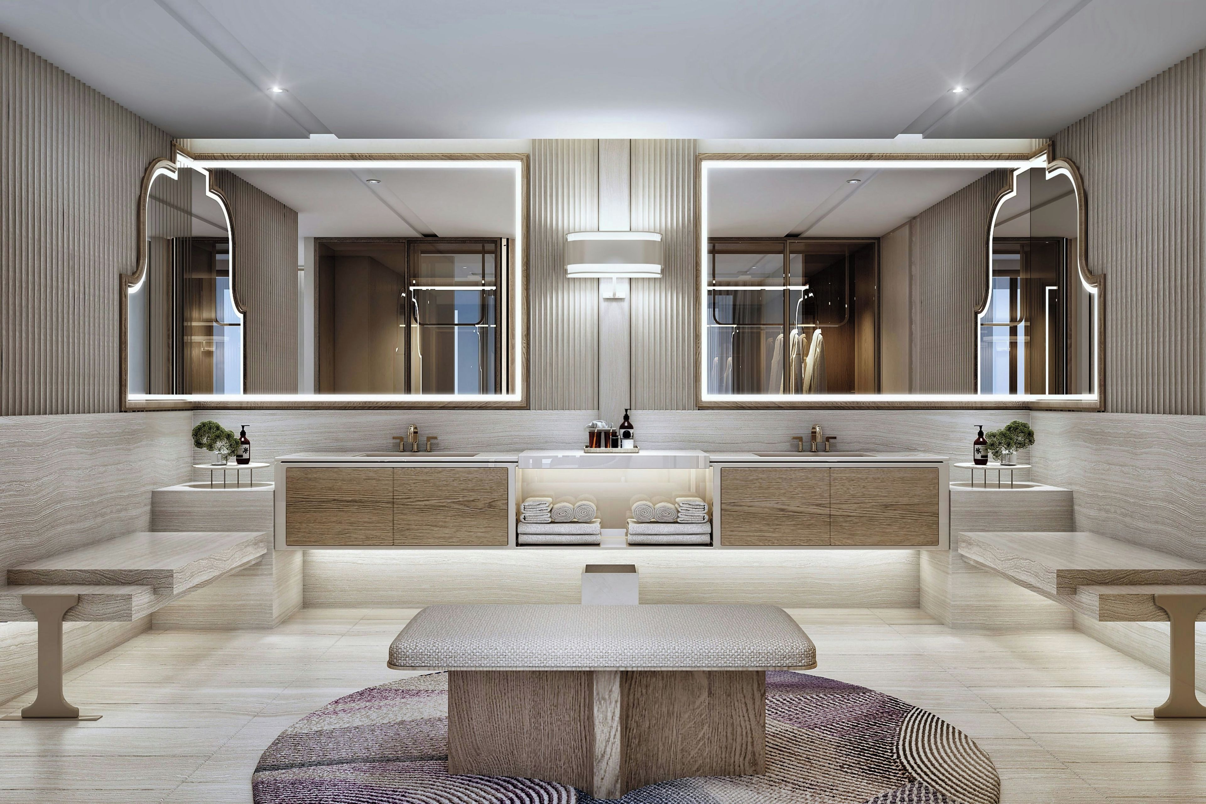 A modern bathroom with a central sink, two mirrors, and a round table.