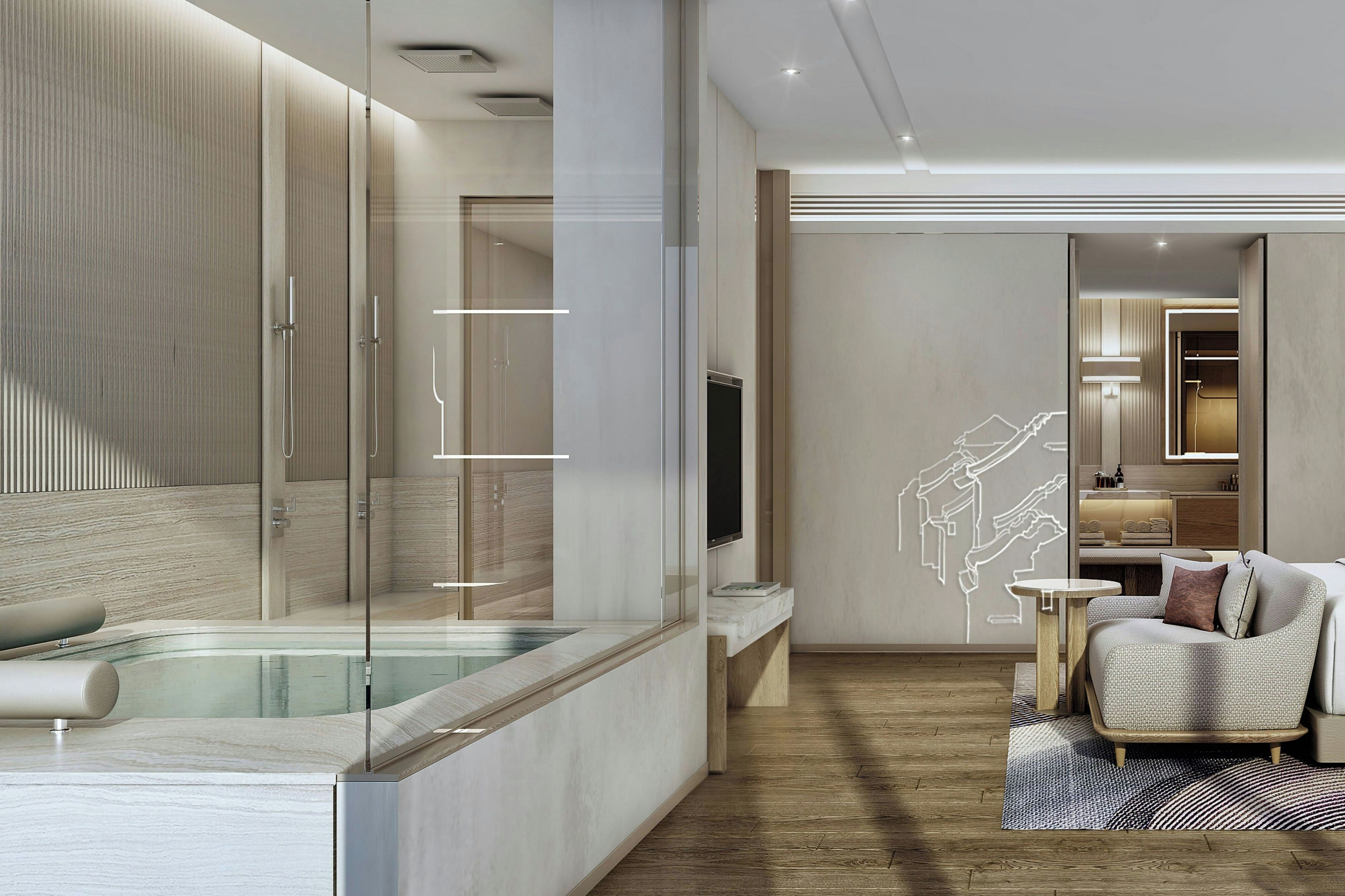 A modern bathroom with a glass-enclosed shower, a marble bathtub, and a wooden floor.