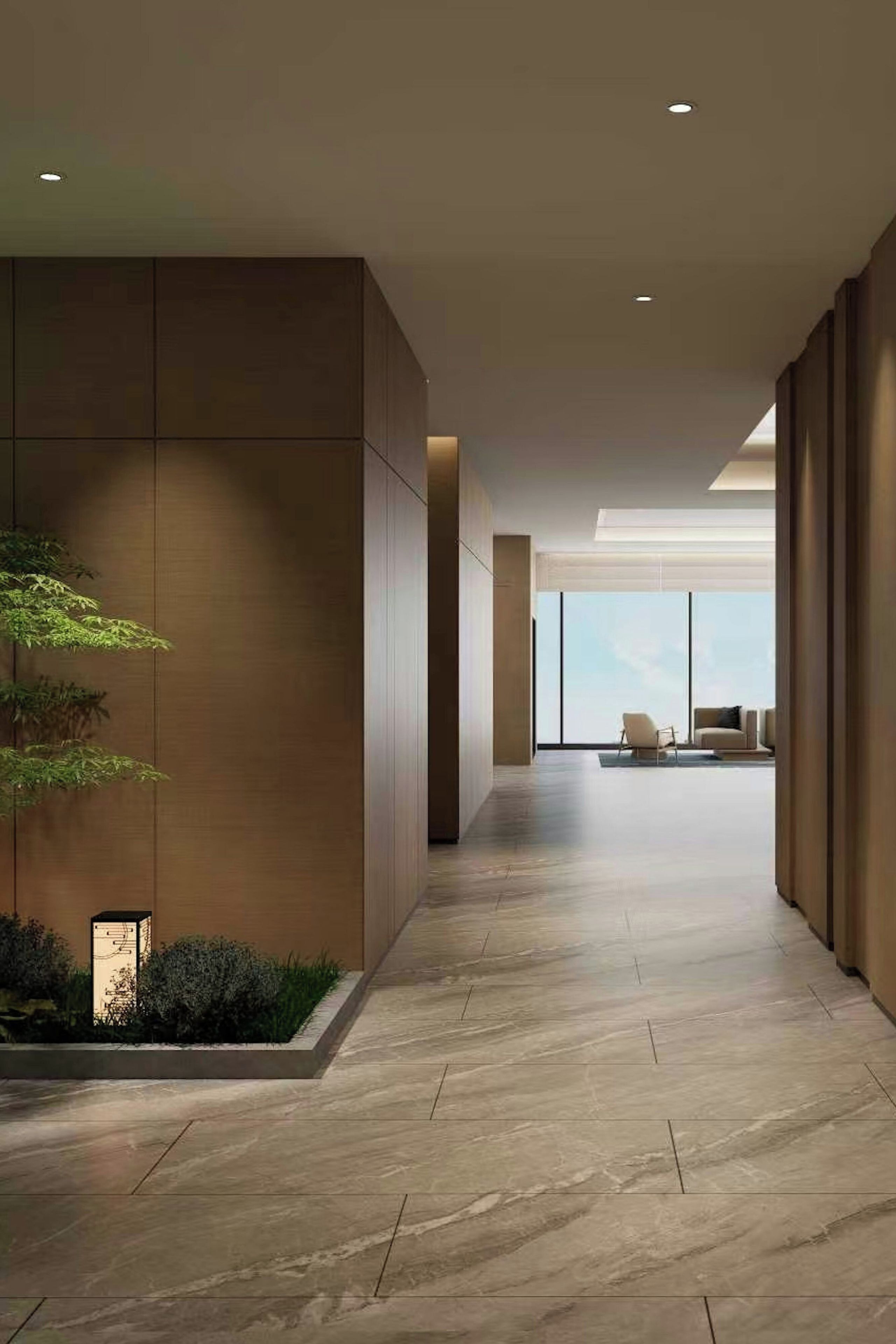 A modern interior with a long hallway, wooden panel walls, and a minimalist design.