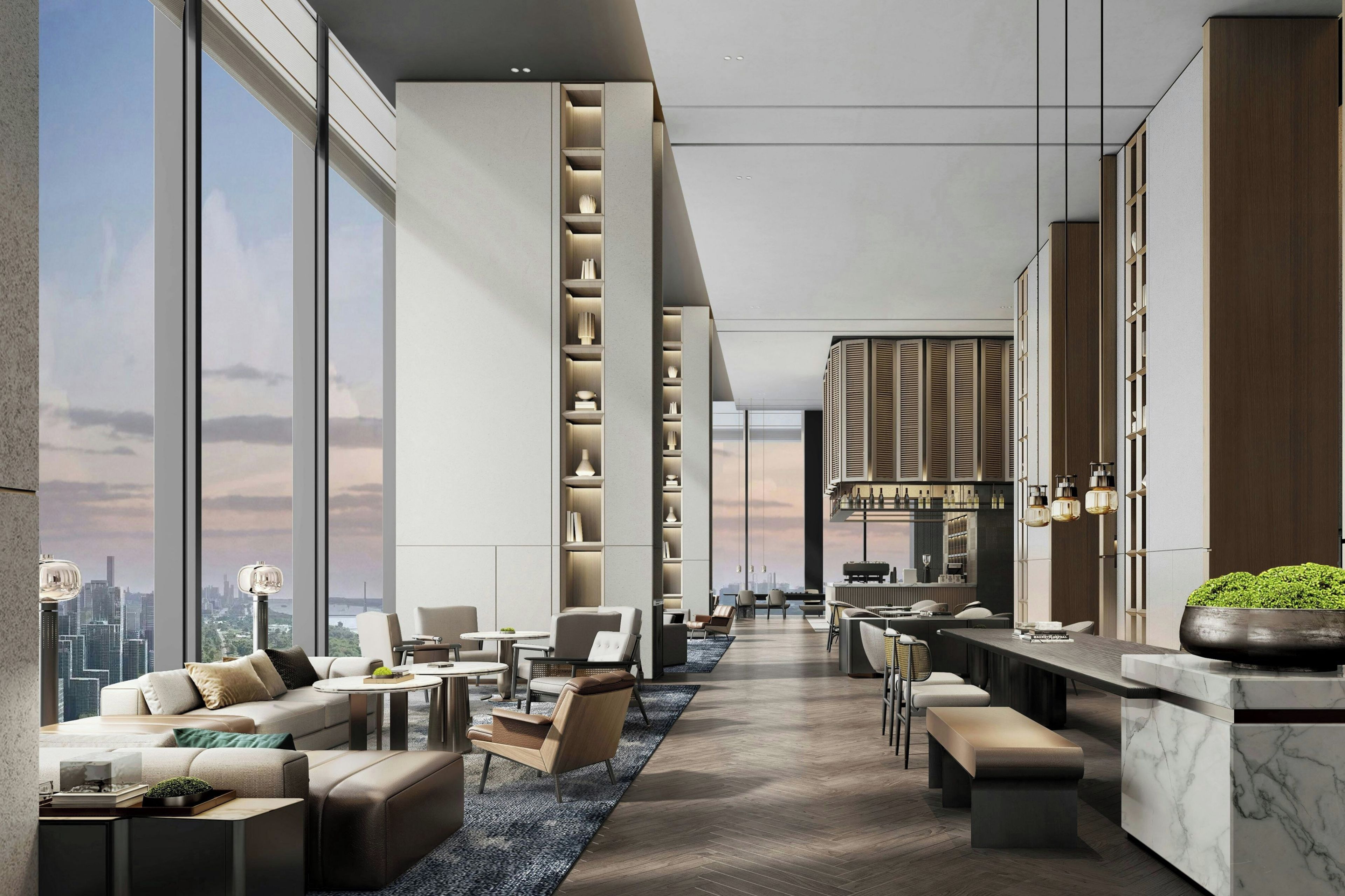 A modern interior with a city view, a dining area, and a bar.