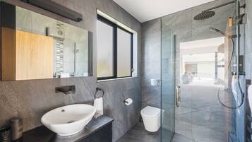 A modern bathroom with a large mirror, a vessel sink, a glass-enclosed shower, and a view of the outdoor area.