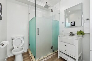 Un baño con inodoro, ducha con mampara de vidrio, lavamanos con espejo y una planta en maceta.