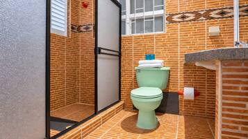 Un baño con inodoro verde, zona de ducha con puerta de cristal y suelo de baldosas.