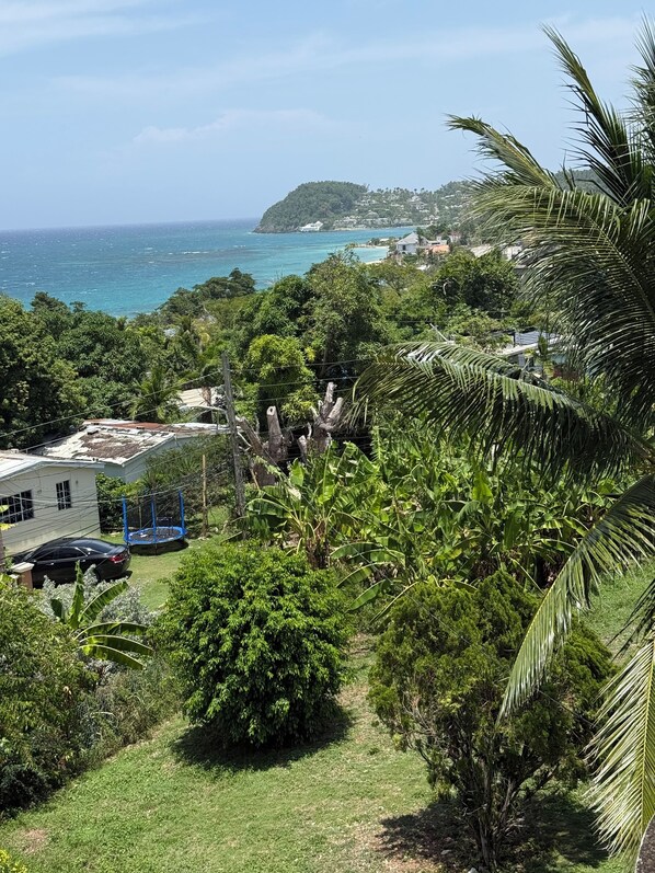 A residential area with a view of the sea, a house, and lush greenery.