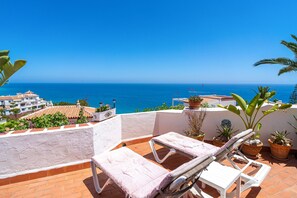 Eine Terrasse mit Blick aufs Meer, ausgestattet mit einer Liege und Blumentöpfen.