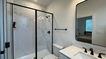 A modern bathroom with a glass-enclosed shower, a white toilet, and a vanity with a large mirror.