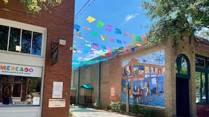 A street with a brick building, a mural, and colorful flags. - Bishop Arts 6BR 6BA Townhouse Sleeps 12 Parking (Dallas)