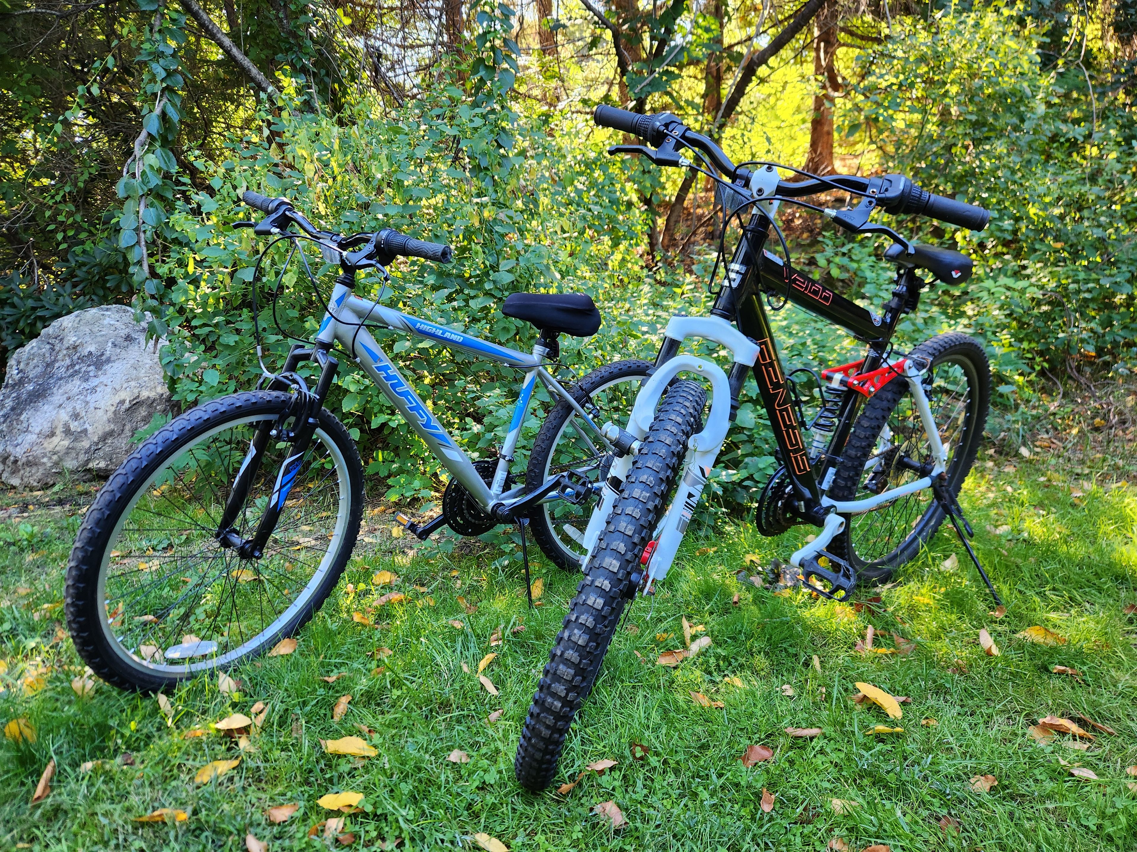 Two bicycles parked on grass with trees and a rock in the background.