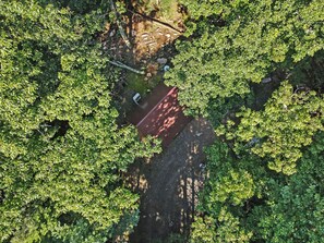 Vue aérienne d’une zone boisée avec un sentier de terre et une structure en bois.