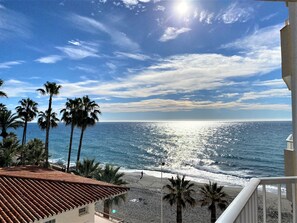 Ein Anwesen am Strand mit Blick auf den Ozean, Palmen und ein Ziegeldach.