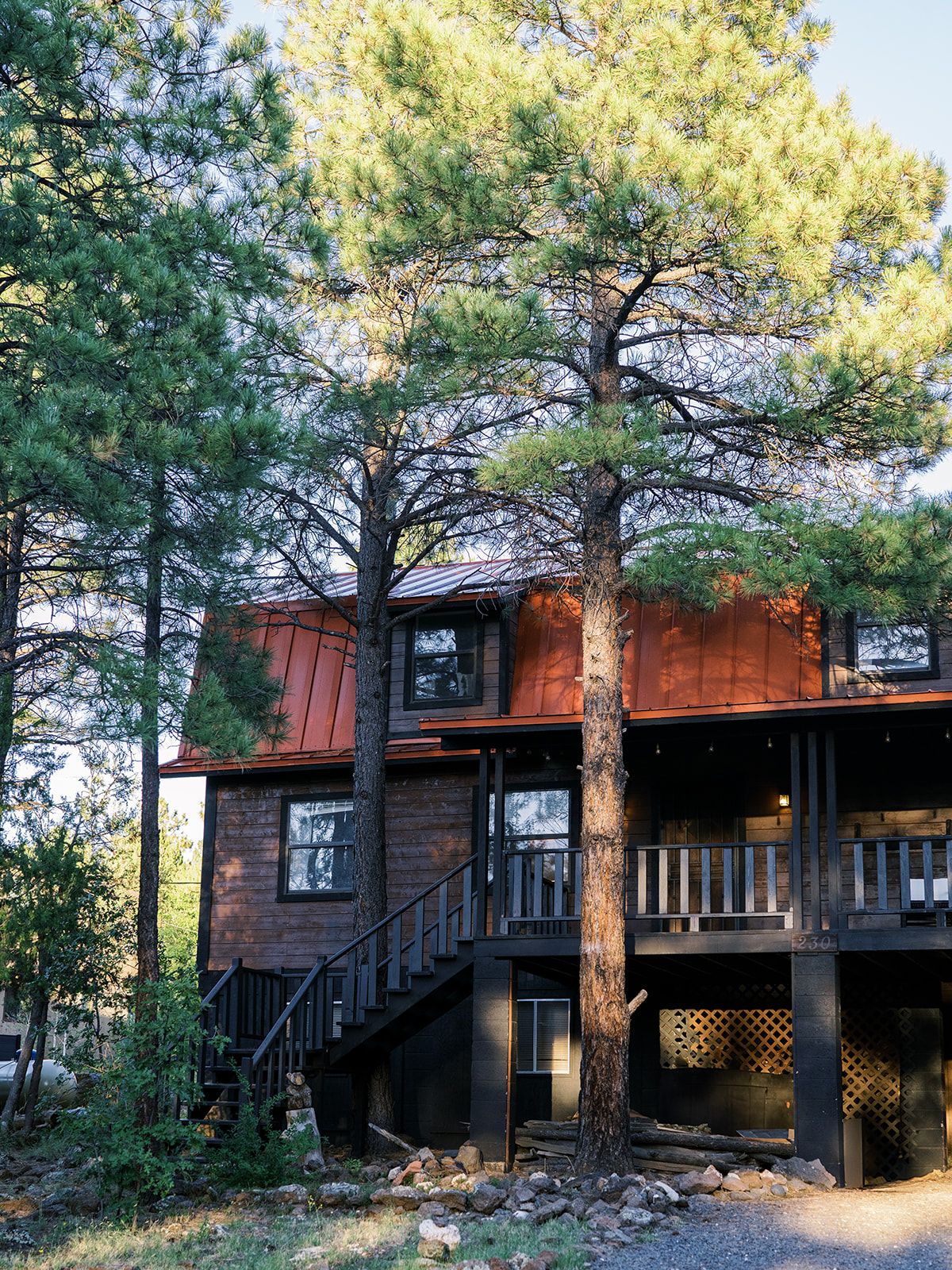 A cabin with a wooden exterior, a metal staircase, and a large tree in front.