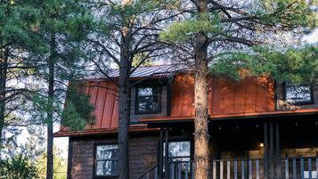 A cabin with a wooden exterior, a metal staircase, and a large tree in front.