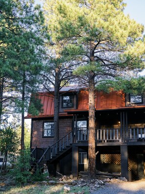 A cabin with a wooden exterior, a metal staircase, and a large tree in front.