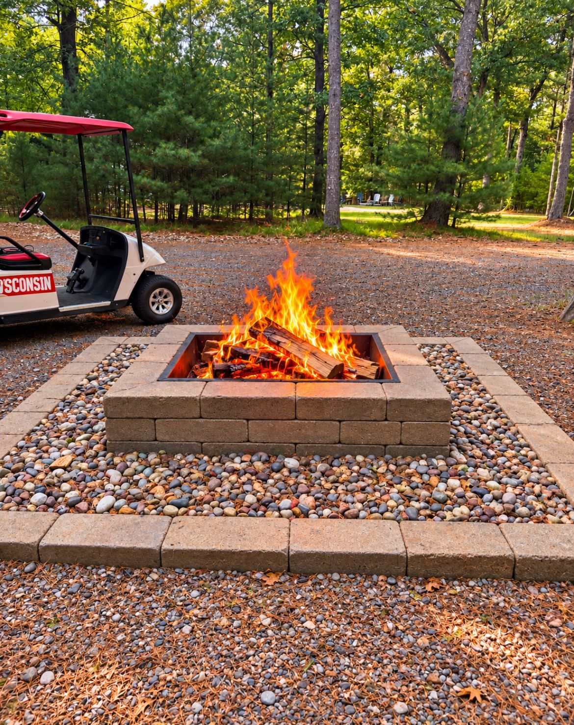 A fire pit with logs, surrounded by a stone border and pebbles, in a wooded area with a golf cart in the background.