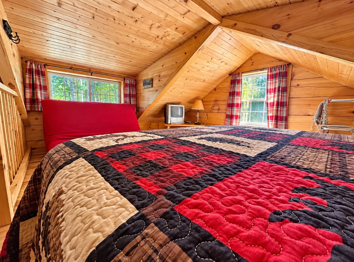 A cozy attic bedroom with a large bed, a television, and a window with plaid curtains.