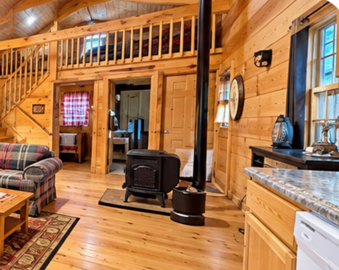 Interior de cabana de madeira, com escada, sofá xadrez, fogão a lenha e área de cozinha.