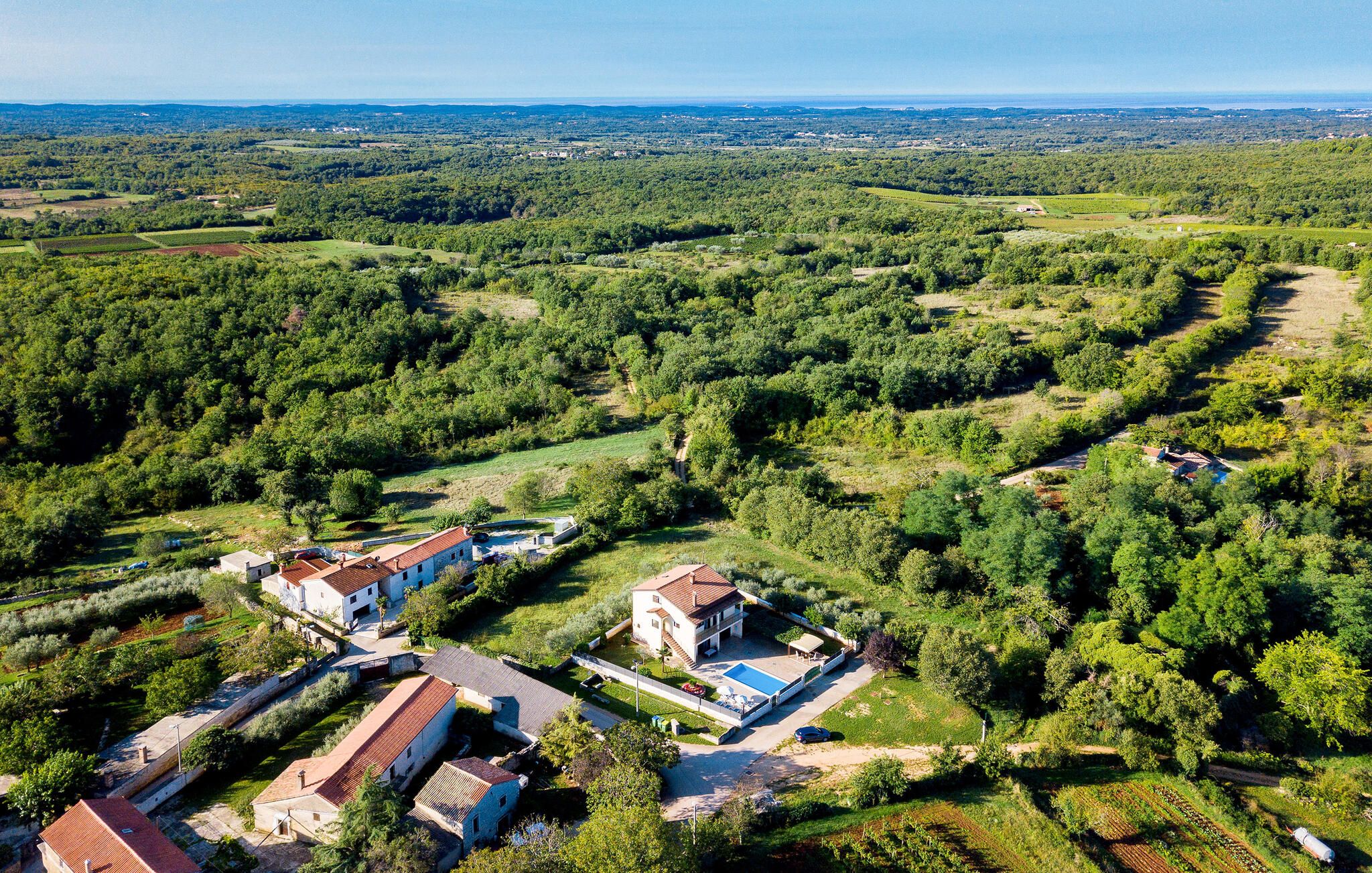 Propiedad rural con varias construcciones, piscina y abundante vegetación.