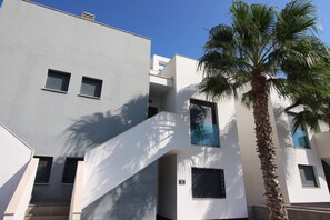 Ein modernes Gebäude mit flacher Fassade, zwei sichtbaren Fenstern und einer Palme davor.
