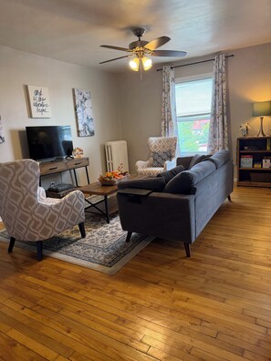 A living room with a sofa, armchair, TV, and ceiling fan.