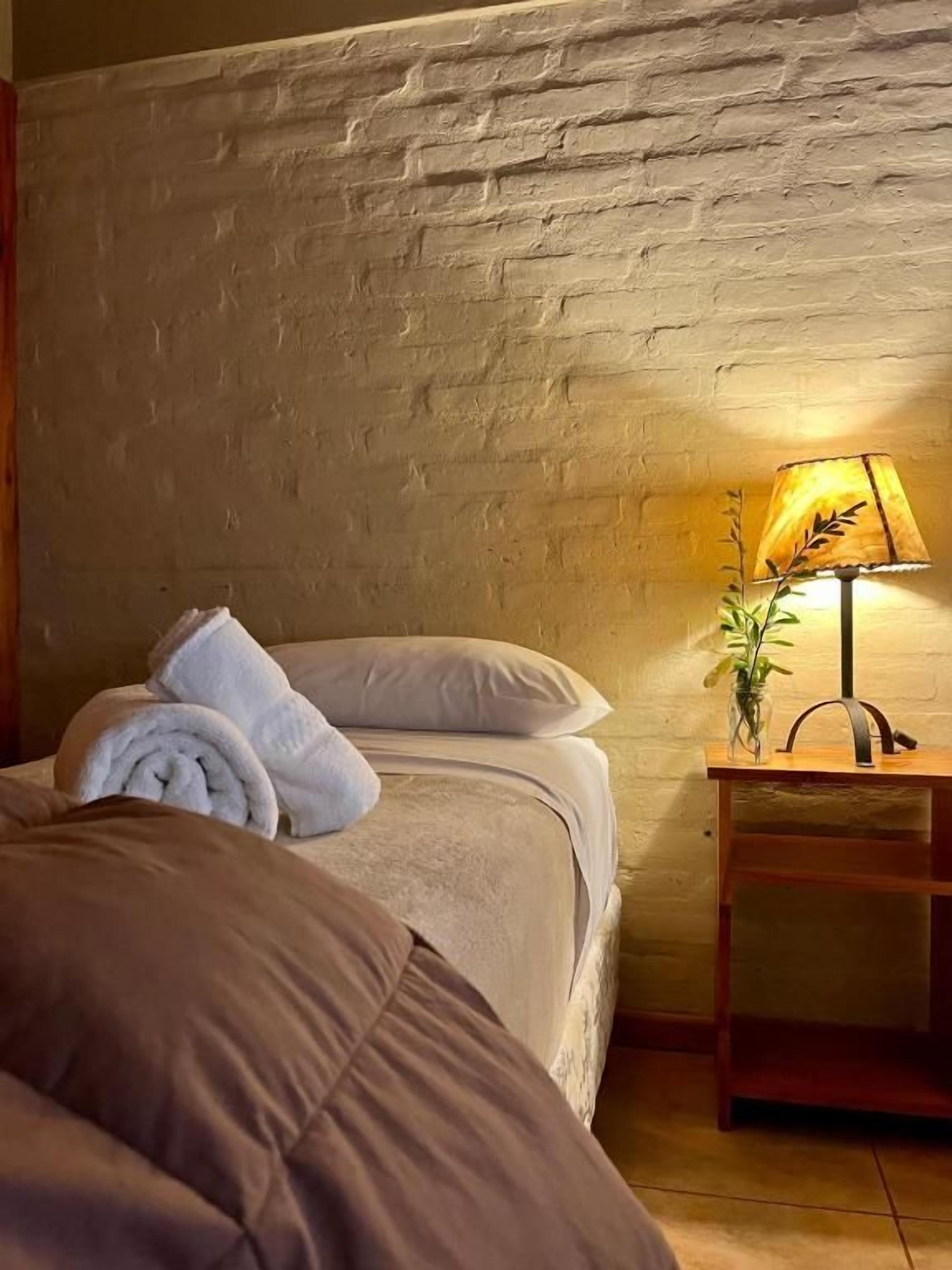 A hotel room with a brick wall, a bed with a rolled towel, a bedside table with a lamp, and a small plant.