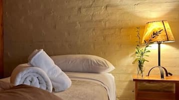 A hotel room with a brick wall, a bed with a rolled towel, a bedside table with a lamp, and a small plant.