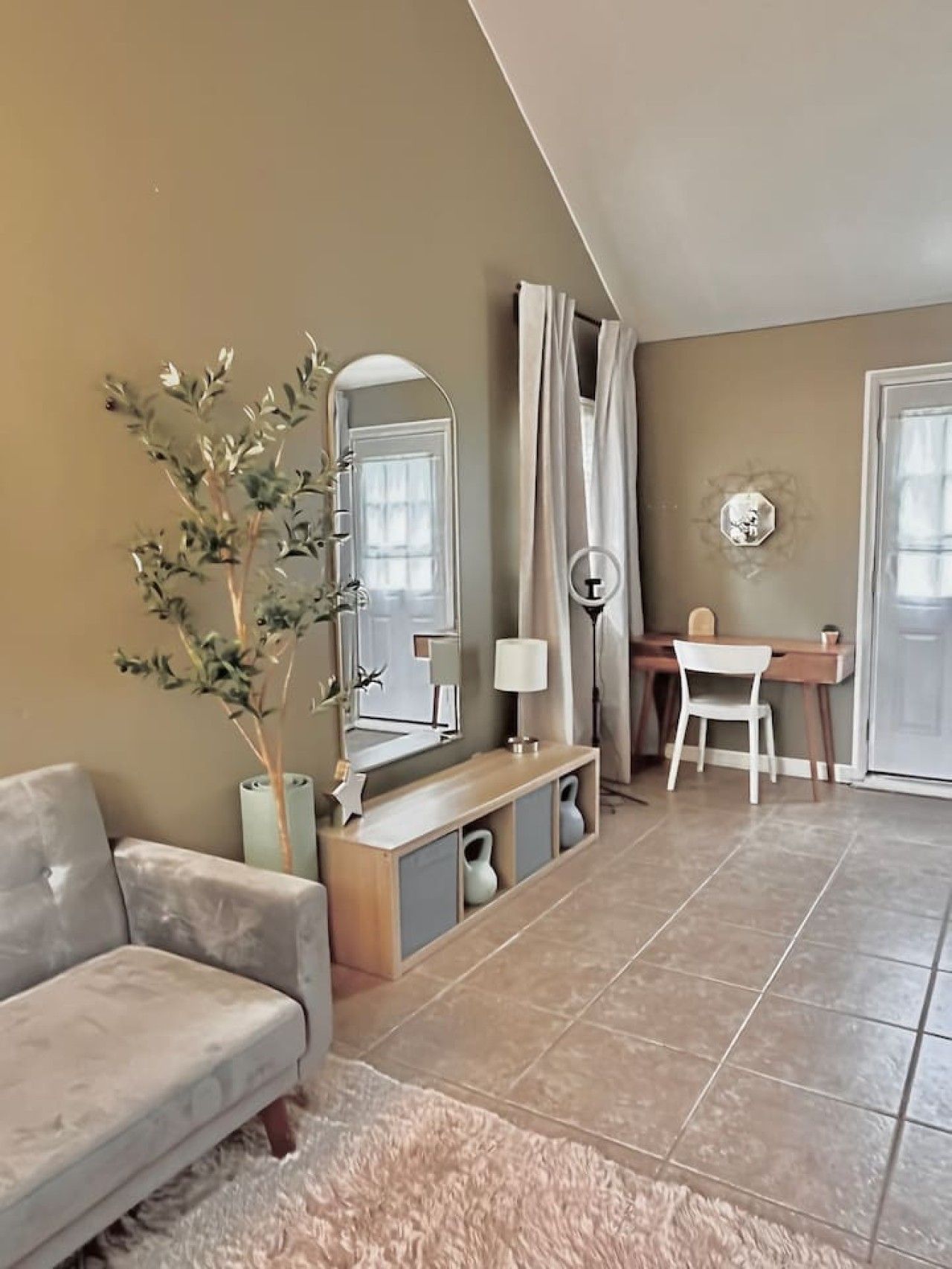 Un salon comprenant un canapé, un bureau, une chaise, un miroir, une plante et un radiateur.