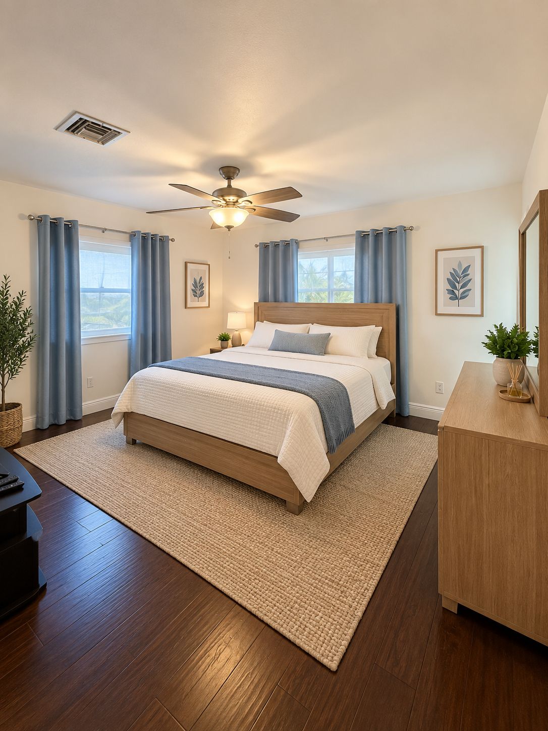 Une chambre à coucher comprenant un lit, un ventilateur de plafond, une table de chevet, une lampe, une plante en pot et une commode.