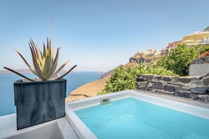 Una piscina con vistas claras al mar y una planta en una maceta.