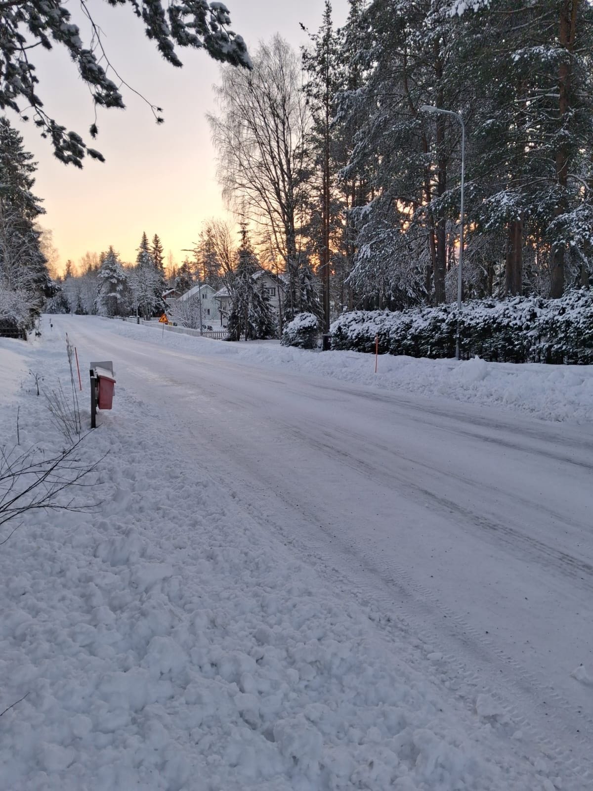A snow-covered road with a mailbox on the left, surrounded by trees and a house in the background.