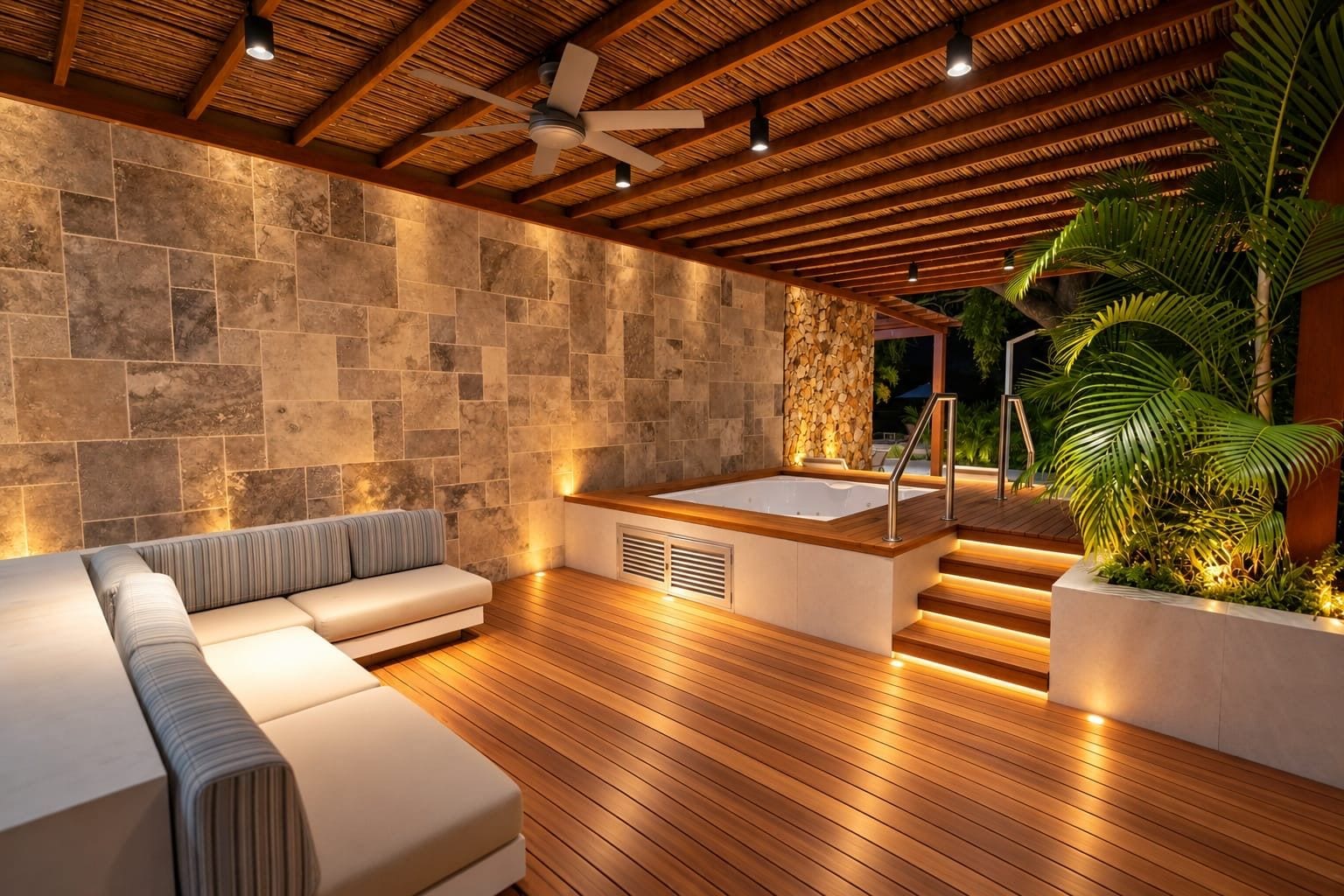 Un espace de détente extérieur moderne, doté d’une terrasse en bois, d’un mur en pierre, d’un jacuzzi et d’un coin salon.