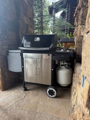 A Weber Genesis Silver portable grill with a gas tank and a side cabinet, set against a stone wall. - Snow Cloud Slope Side Dream
3 bedroom/3 1/2 bath ski in/ski out (Avon)