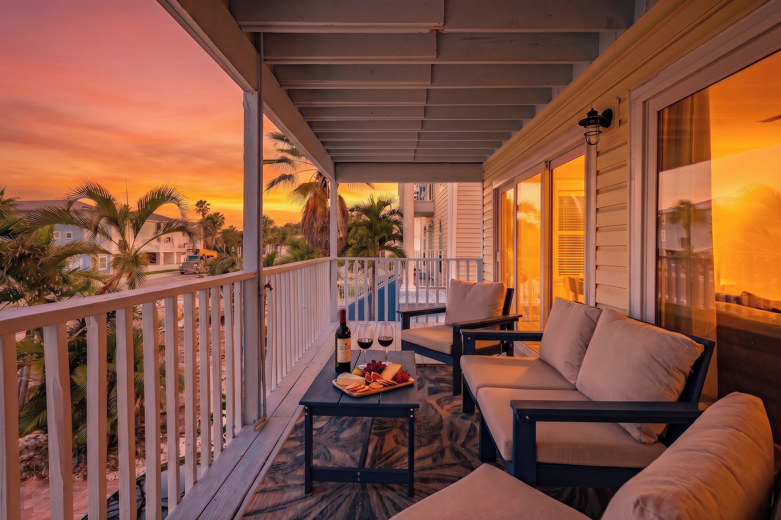 Un balcon avec des sièges d’extérieur, une table avec une bouteille et des verres, et une vue sur les palmiers et les maisons au coucher du soleil.