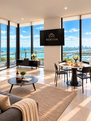 A modern living room with a dining area, large windows with a city view, a flat-screen TV, and a coffee table with a bottle and glasses. - Modern Miami 2BR Suite | Sleeps 4 | Pool & Gym (Miami)