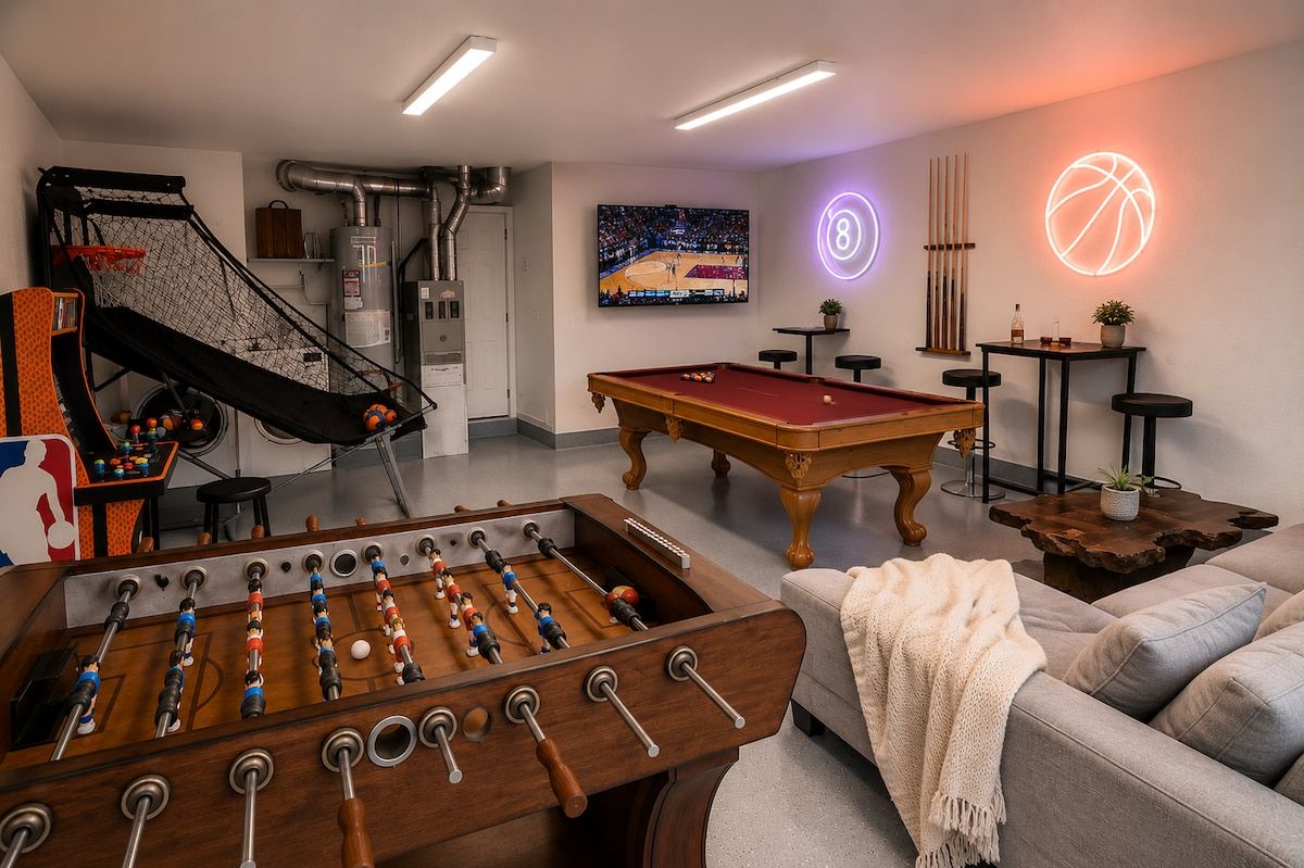 Una habitación con mesa de futbolín, mesa de billar, aro de baloncesto y un televisor mostrando un partido de baloncesto.