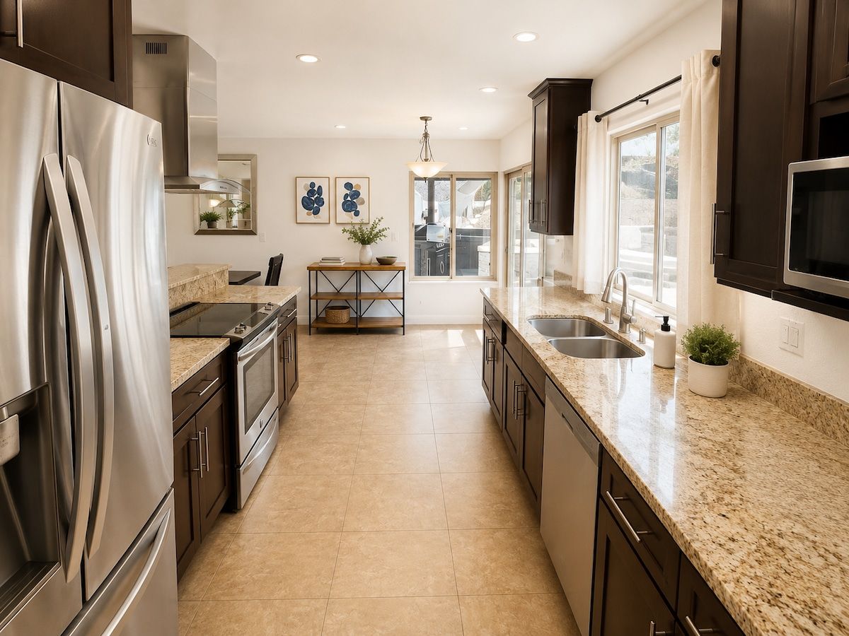 Una cocina moderna con electrodomésticos de acero inoxidable, encimeras de granito y una isla central.