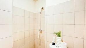 Eine Dusche mit Handbrause, eine Toilette mit Toilettenpapierhalter und eine Pflanze an der Wand.