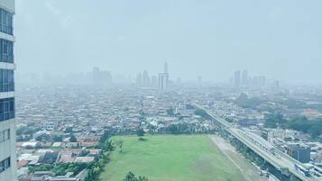 A cityscape with a large green park in the foreground, surrounded by residential and commercial buildings.