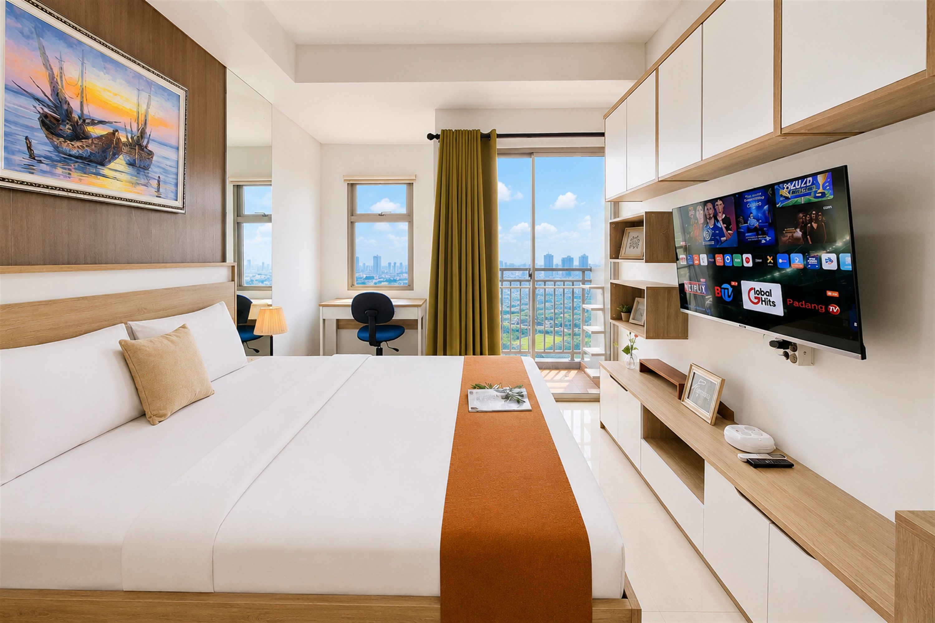 Habitación de hotel con cama, escritorio, silla, televisor y vista a la ciudad.