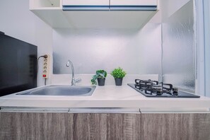 Eine Küche mit Spüle, Wasserhahn, zwei Kübelpflanzen und einem Gasherd.