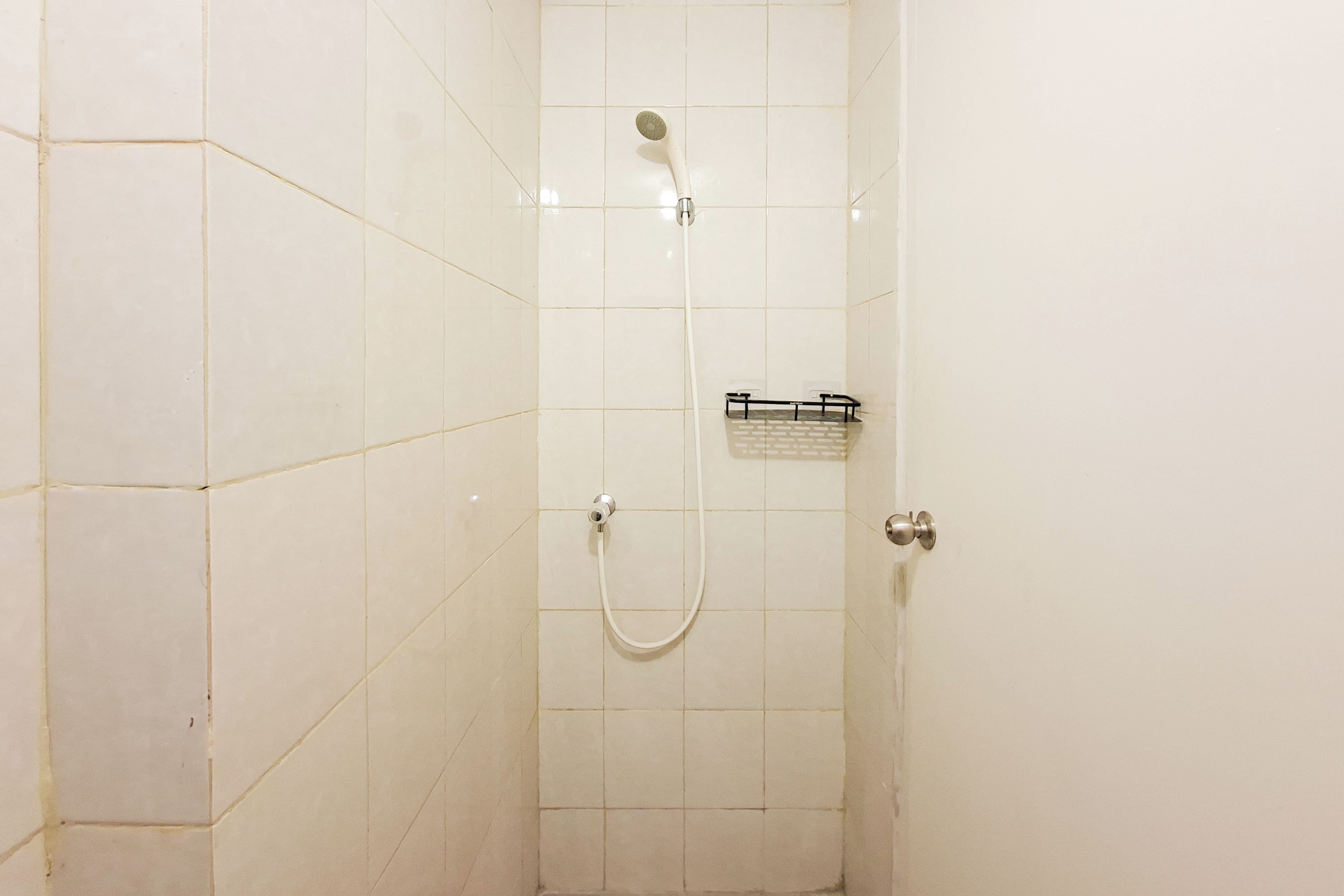 A shower area with a handheld showerhead, a wall-mounted faucet, and a towel rack.