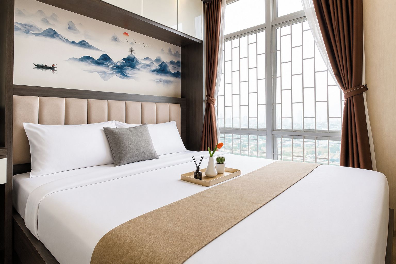 A hotel room with a large bed, a headboard with a painting, a window with curtains, and a view of the city.