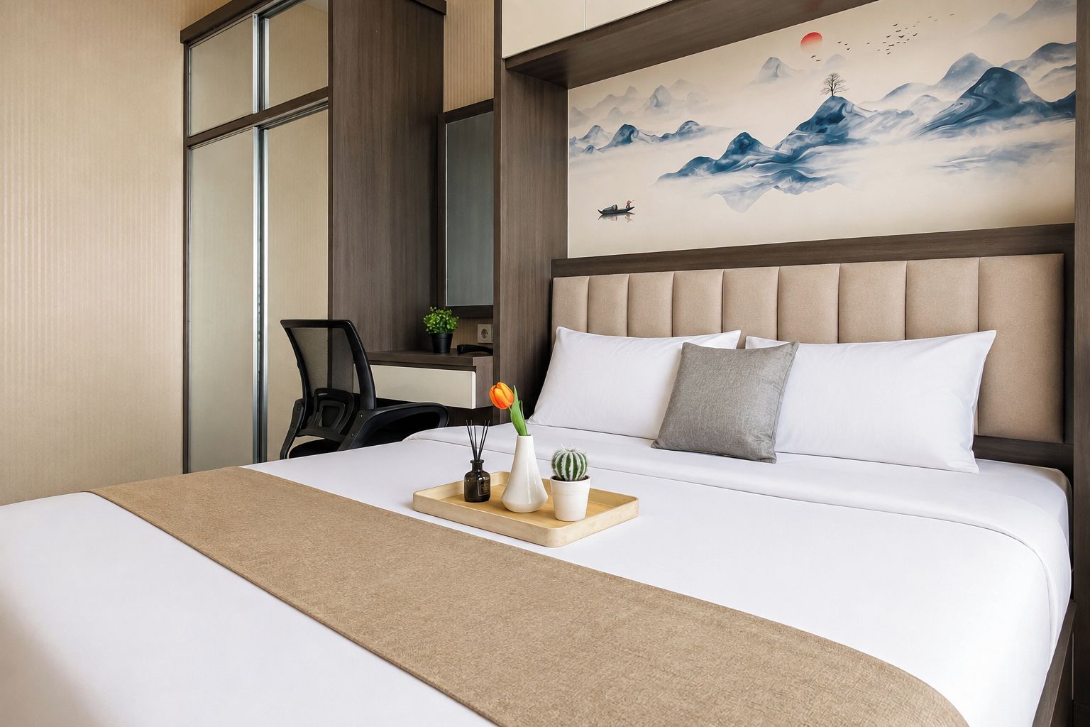A hotel room with a large bed, a desk, and a painting of mountains.
