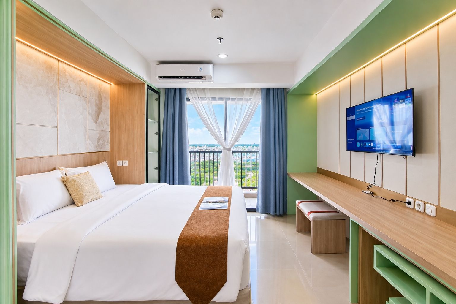 Habitación de hotel con cama, televisor montado en la pared, balcón con cortinas y vista a la ciudad.