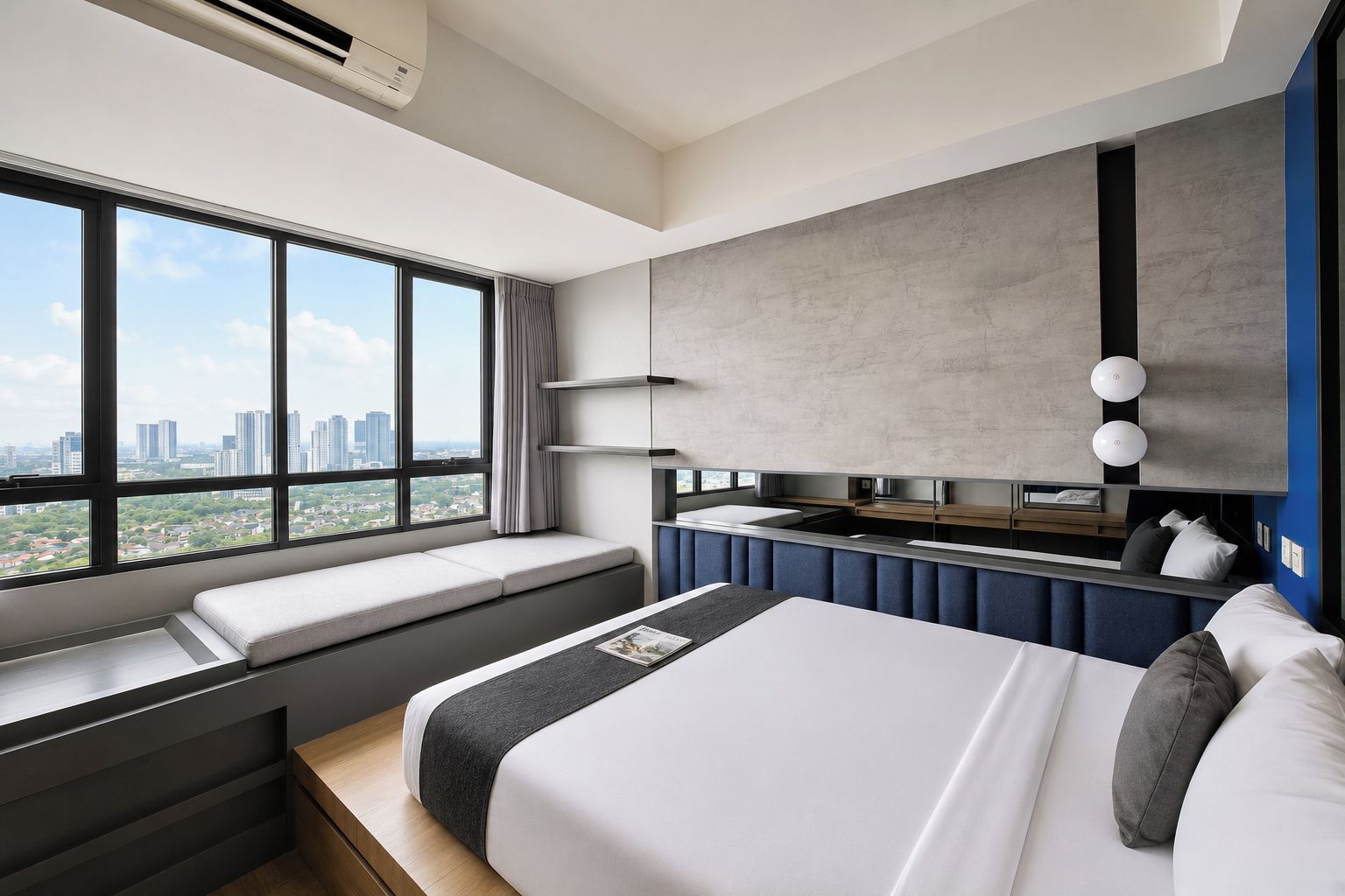 Una habitación de hotel moderna con una cama grande, un escritorio integrado, vistas a la ciudad y un amplio ventanal.